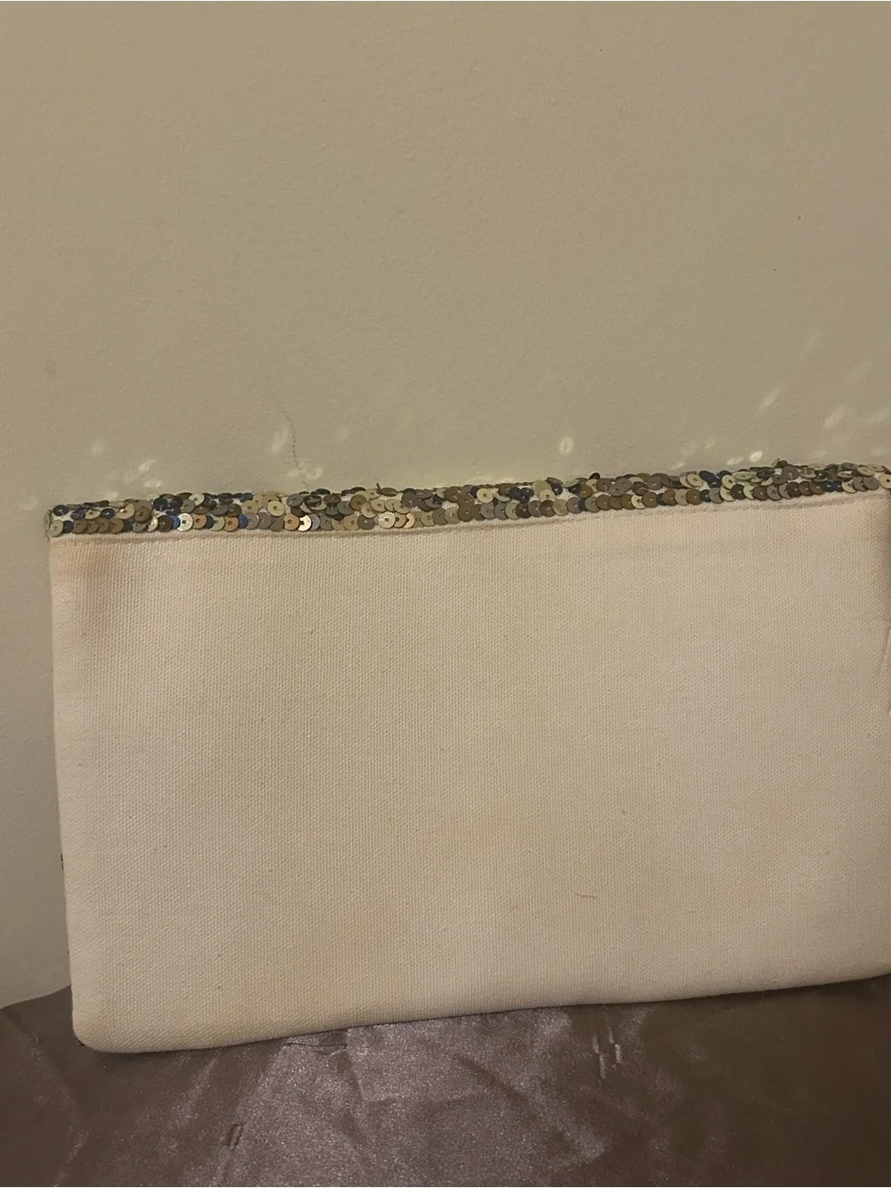 Evil Eye Fold-Over Cream Canvas Clutch W/Silver and Blue Sequins Crossbody strap